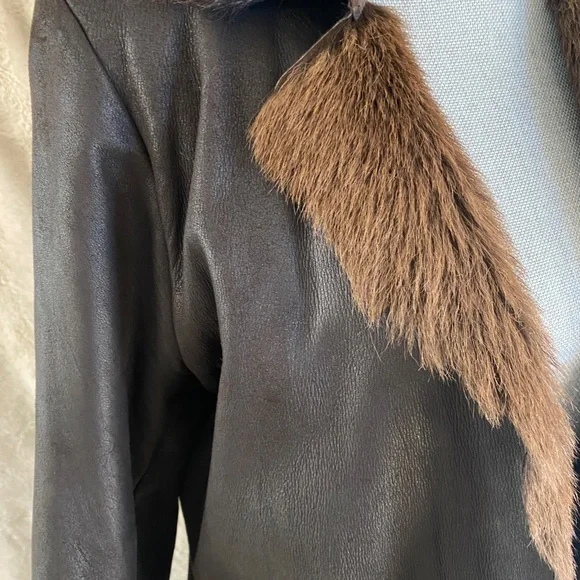 Vintage WHISTLES Dark Brown Soft Leather & Fur Long Overcoat Size Medium